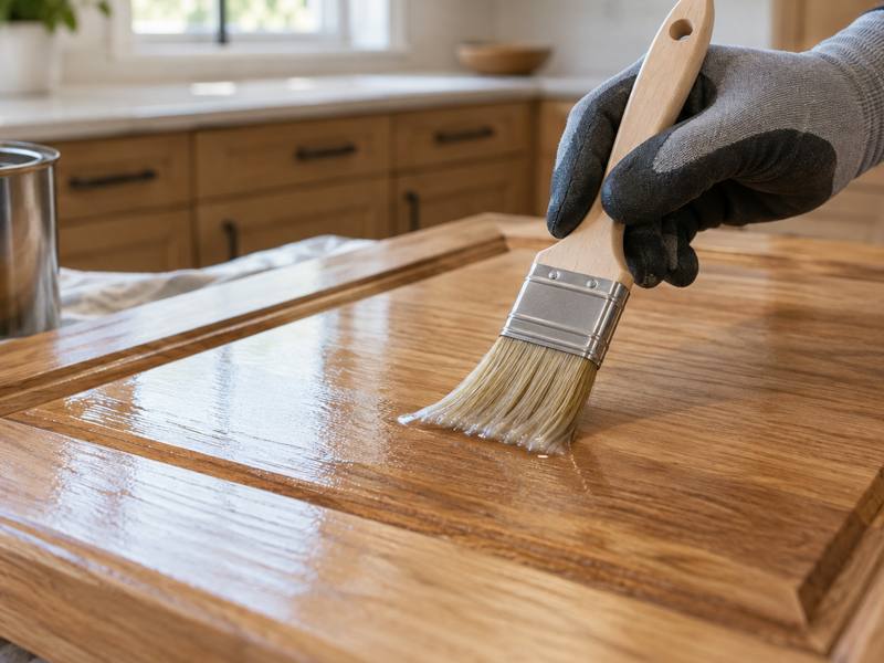 A brush applying clear coat to a stained wood cabinet door on the bench.