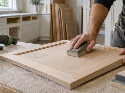 A hand sanding a cabinet door with a sanding block before priming.