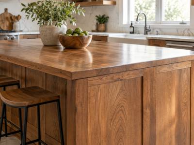 A restored wood island with stools in a white painted kitchen.