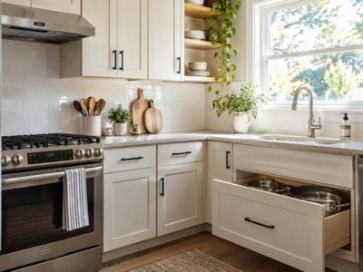 A compact white kitchen in a small home with painted cabinets.