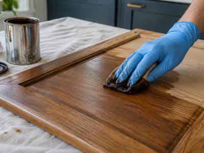 A cloth wiping stain onto a wood cabinet door during refinishing.