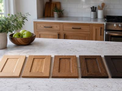 Stain sample boards laid out on a counter for a Guelph Cabinet Painting client to compare.