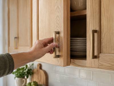 A hand resting on a white oak cabinet door to show the open grain.