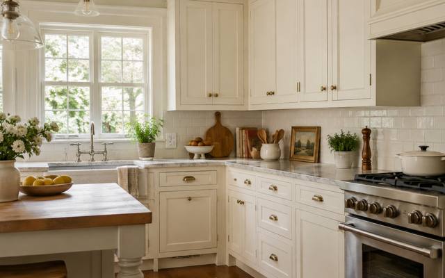 A cream painted cottage-style kitchen with wood countertops and open shelves.