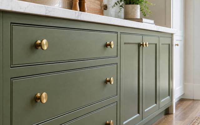 A close view of sage green drawer fronts with round brass knobs.
