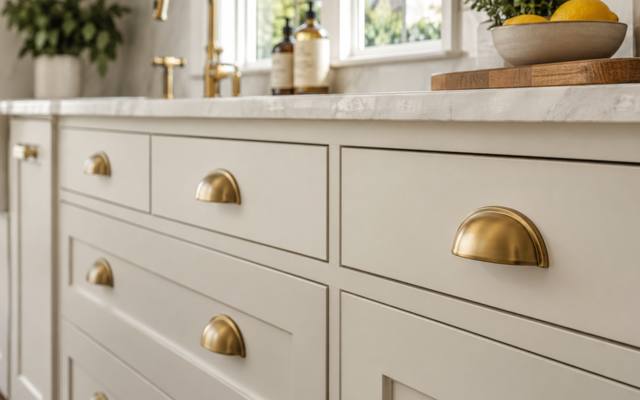 Brass cup pulls fitted to cream painted drawer fronts.