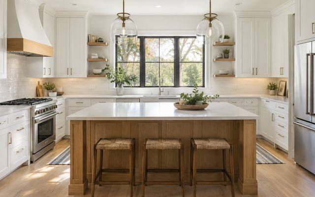 A cream remodelled kitchen with a large island and new door fronts.