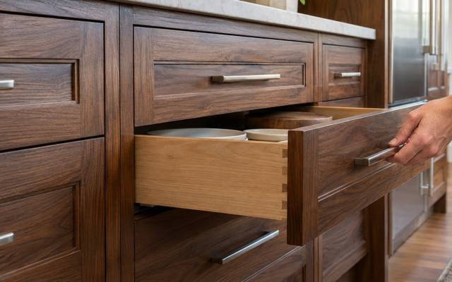 An open walnut drawer showing the refinished wood grain under a clear coat.