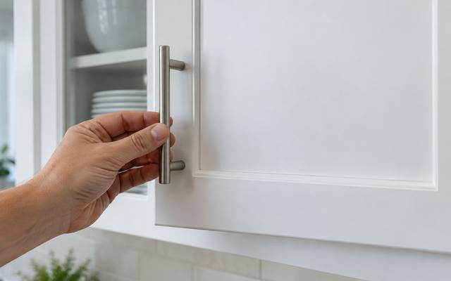 A hand checking the smooth sprayed finish on a white cabinet door.