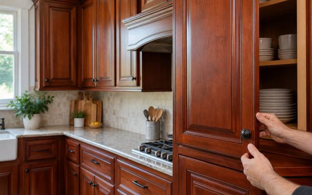 A cherry stained kitchen with raised panel doors in an older house.