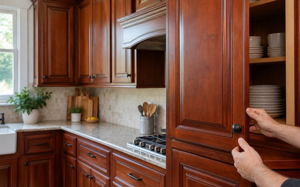 A cherry stained kitchen with raised panel doors in an older house.