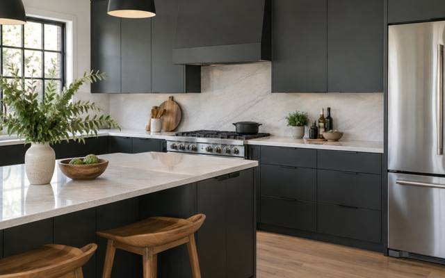 A charcoal grey slab-front modern kitchen with wood accents and no visible hardware.