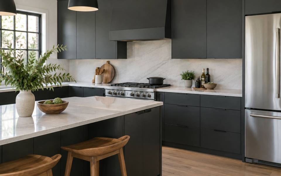 A charcoal grey slab-front modern kitchen with wood accents and no visible hardware.