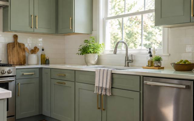 Sage green lower cabinets under white upper cabinets, finished with brass pulls.