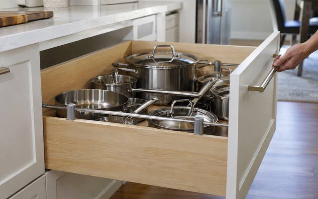 A deep painted drawer holding pots and pans in a pantry cabinet.