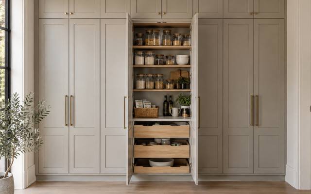 Light grey painted pantry cabinets with the pull-out shelves extended.