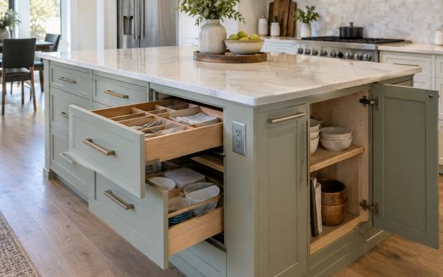 A kitchen island with its drawers open to show the storage inside.