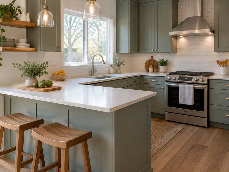 A small kitchen with a breakfast bar and two stools in a Guelph condo.